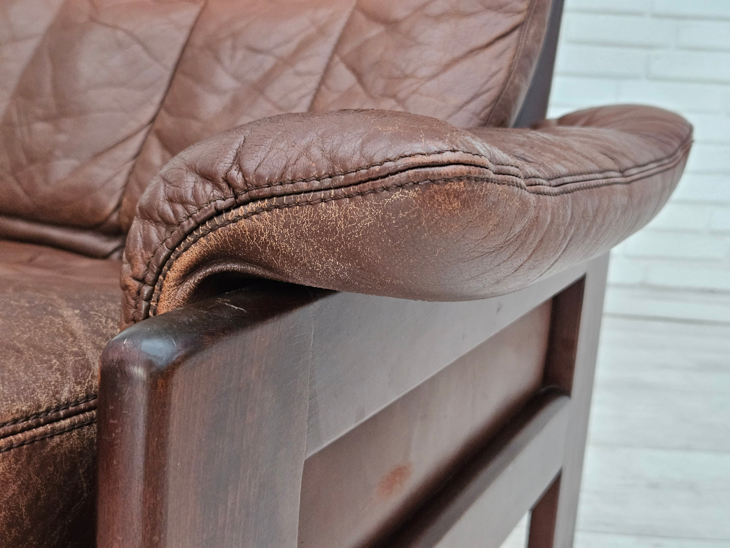 1970s, Danish adjustable lounge chair with footstool, brown leather, by Skippers Møbler.