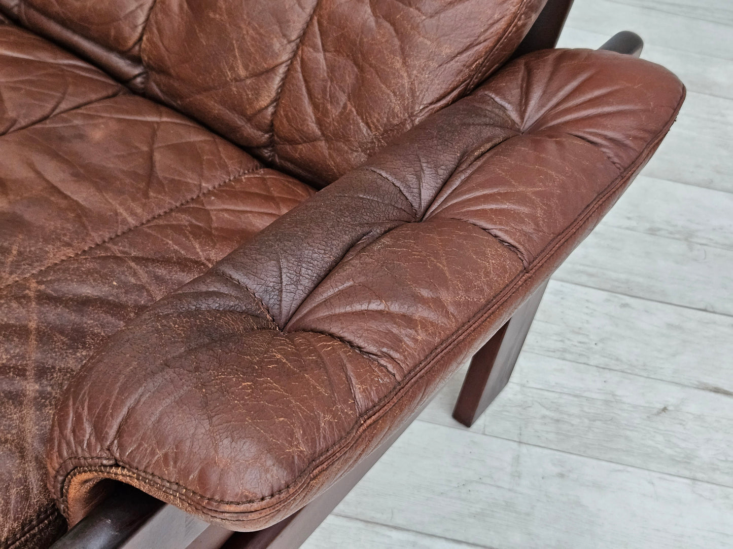 1970s, Danish adjustable lounge chair with footstool, brown leather, by Skippers Møbler.