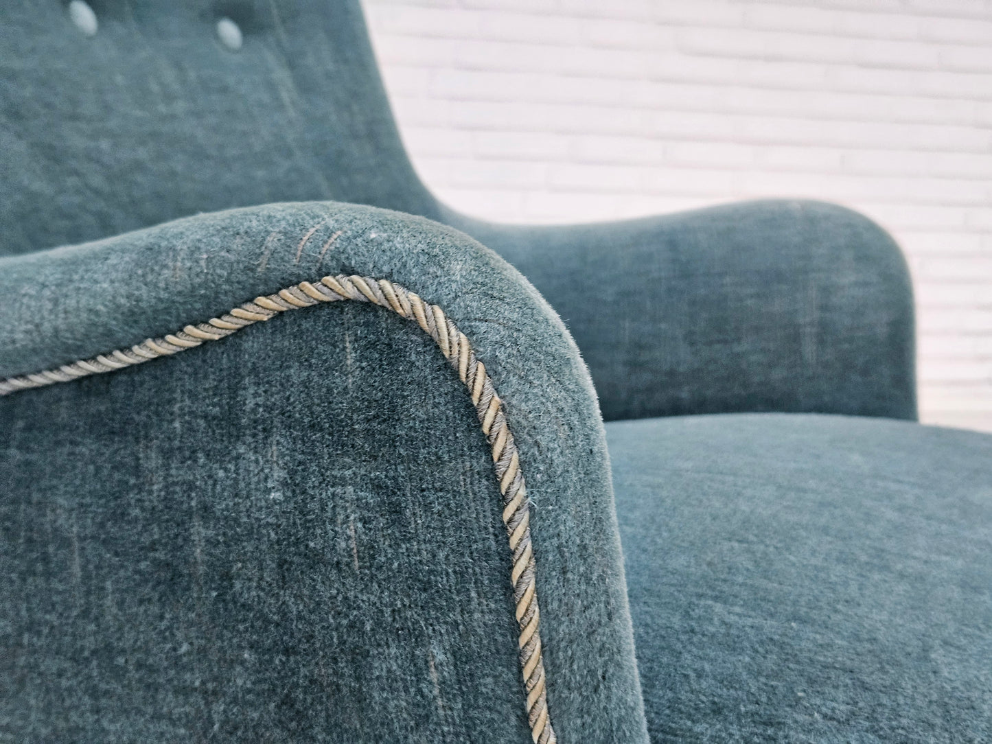 1960s, Danish armchair, original upholstery, light blue velour, good condition.