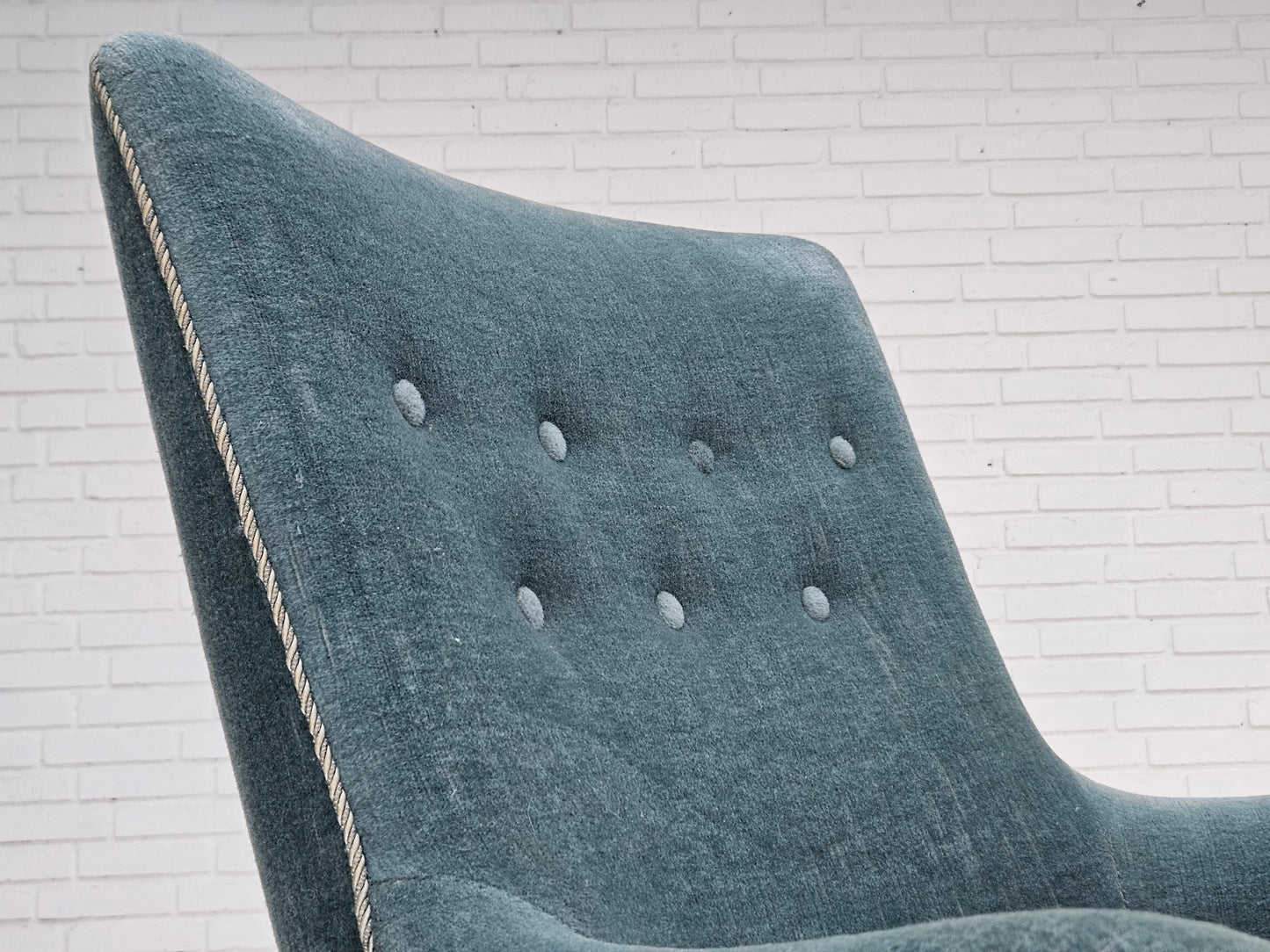 1960s, Danish armchair, original upholstery, light blue velour, good condition.