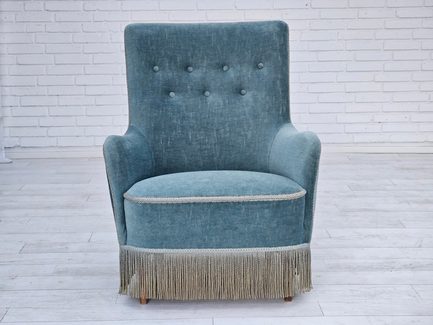 1960s, Danish armchair, original upholstery, light blue velour, good condition.