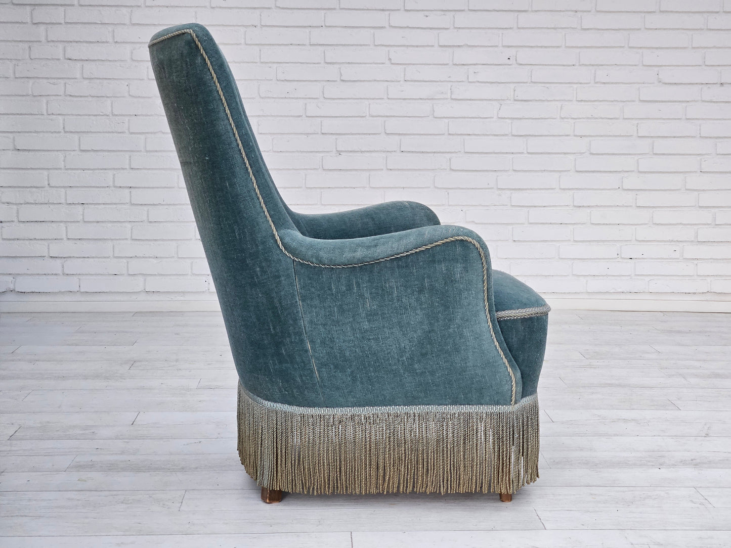 1960s, Danish armchair, original upholstery, light blue velour, good condition.