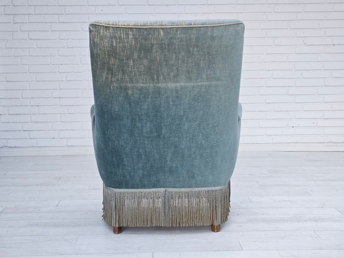 1960s, Danish armchair, original upholstery, light blue velour, good condition.