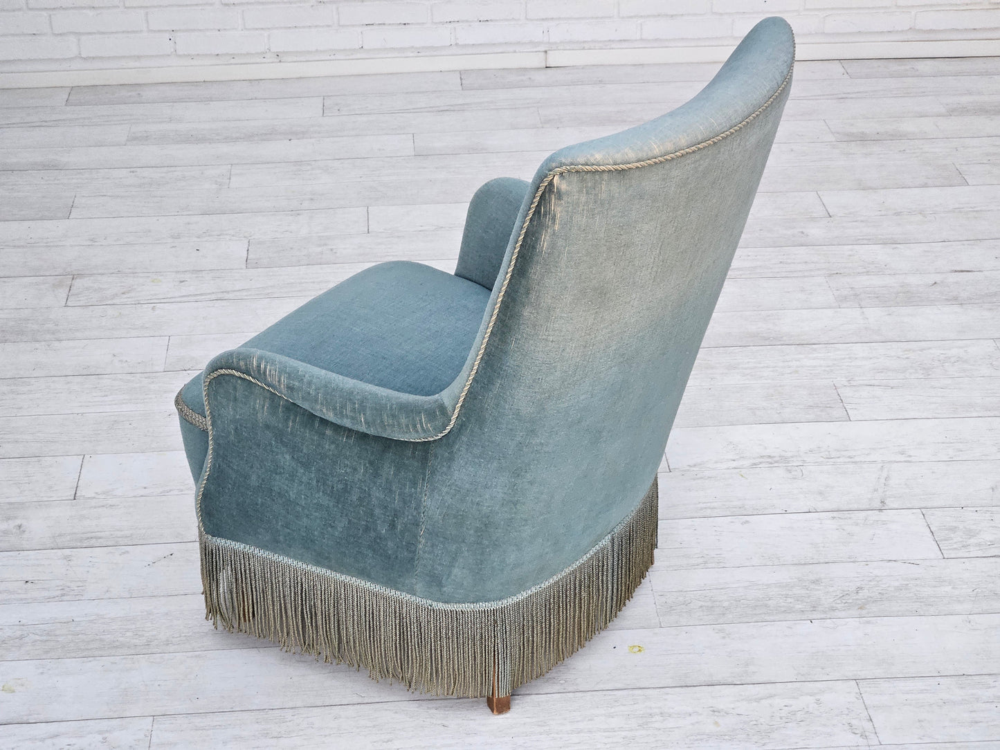 1960s, Danish armchair, original upholstery, light blue velour, good condition.