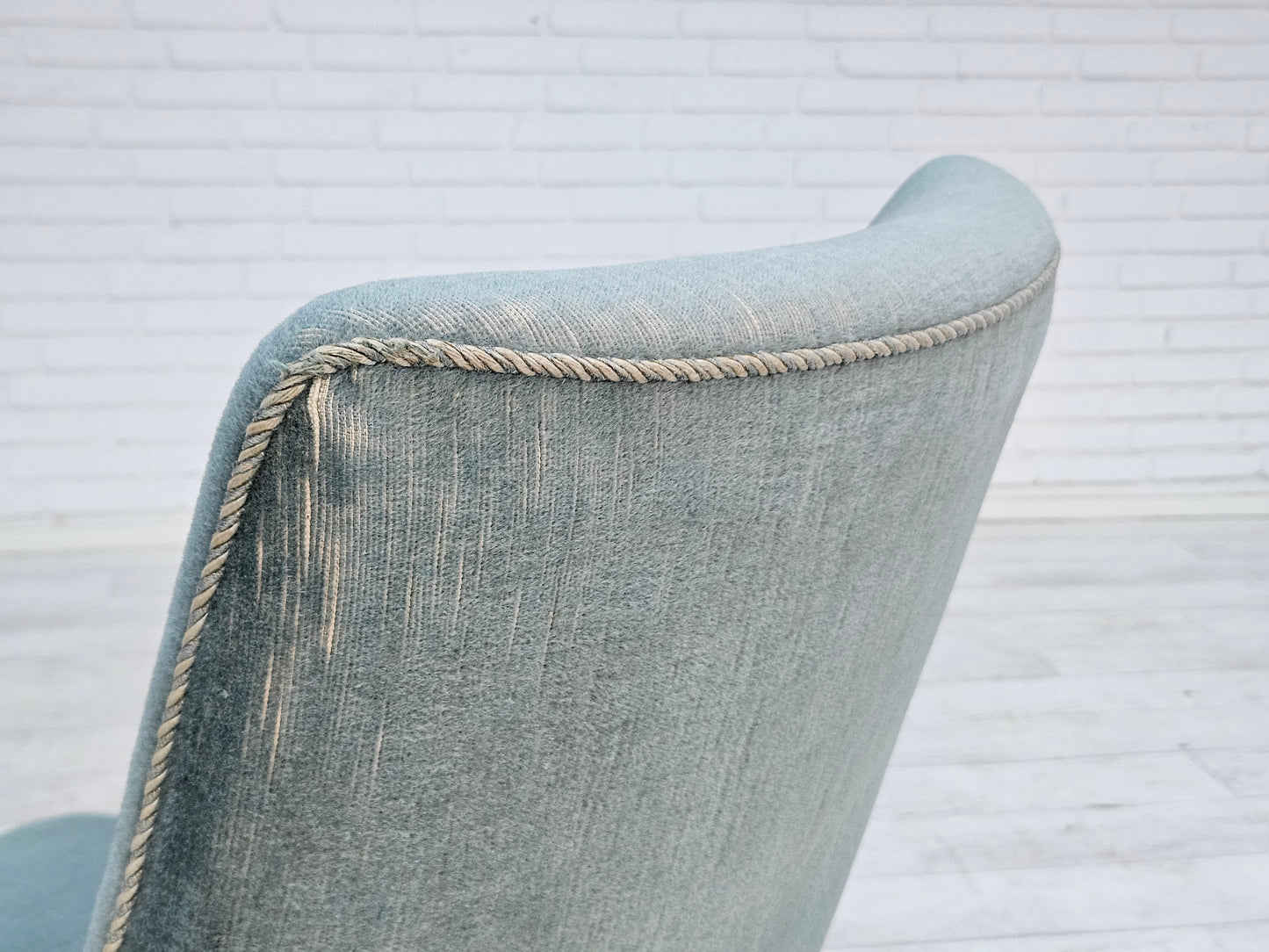 1960s, Danish armchair, original upholstery, light blue velour, good condition.