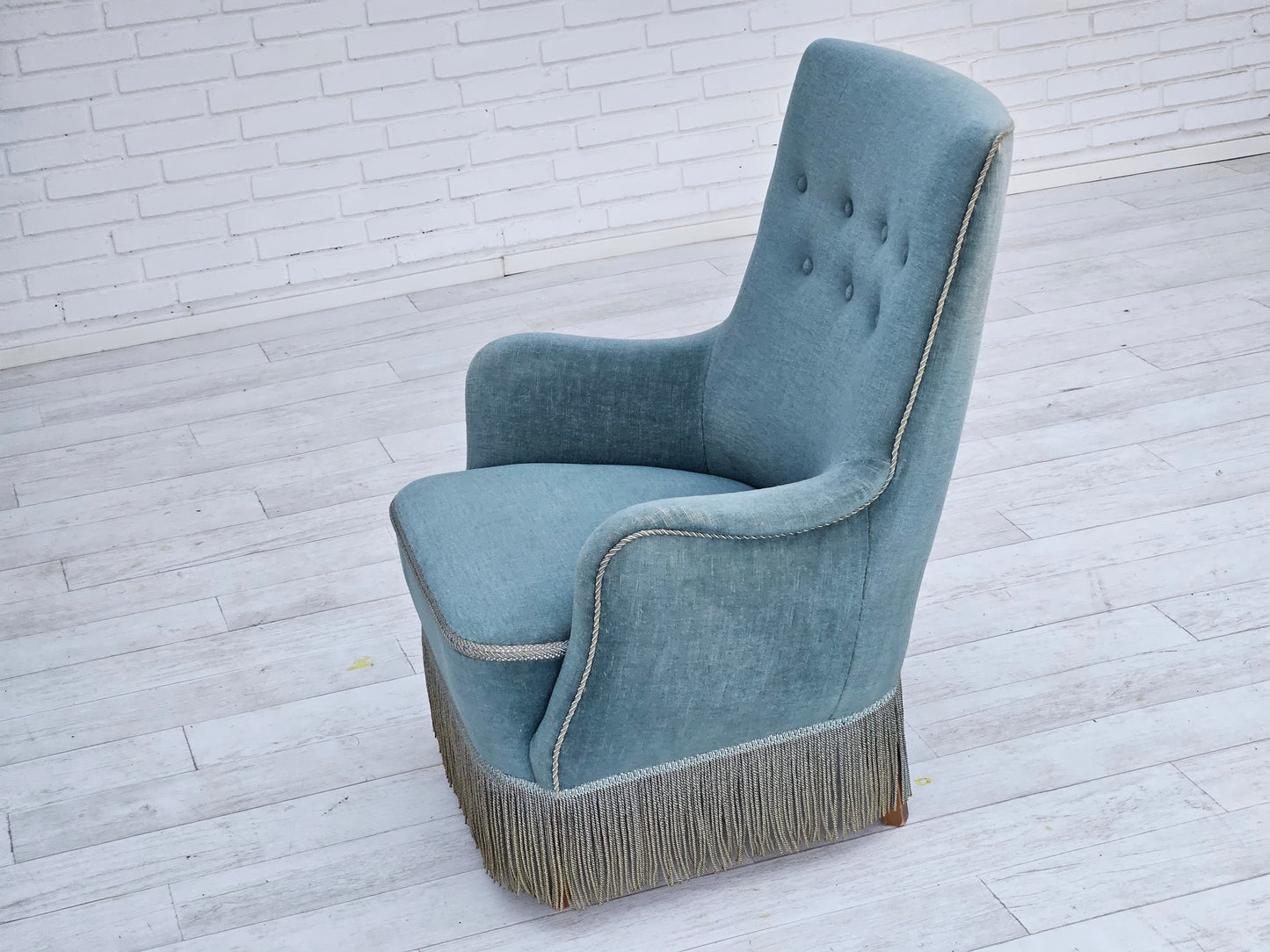 1960s, Danish armchair, original upholstery, light blue velour, good condition.