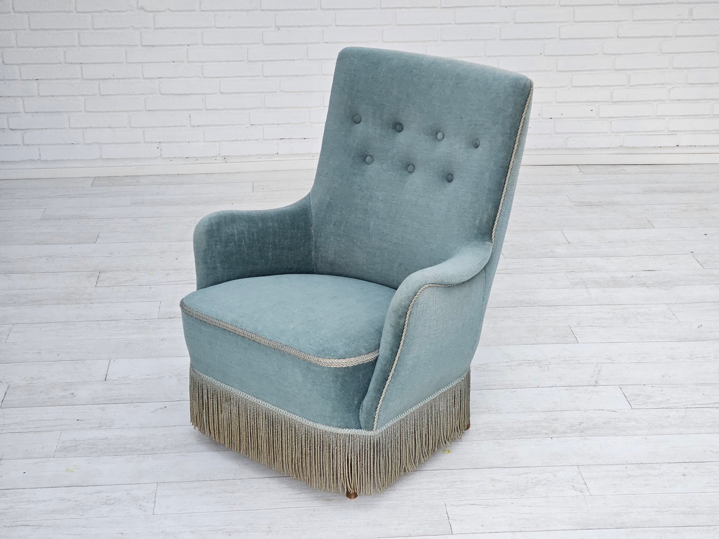 1960s, Danish armchair, original upholstery, light blue velour, good condition.