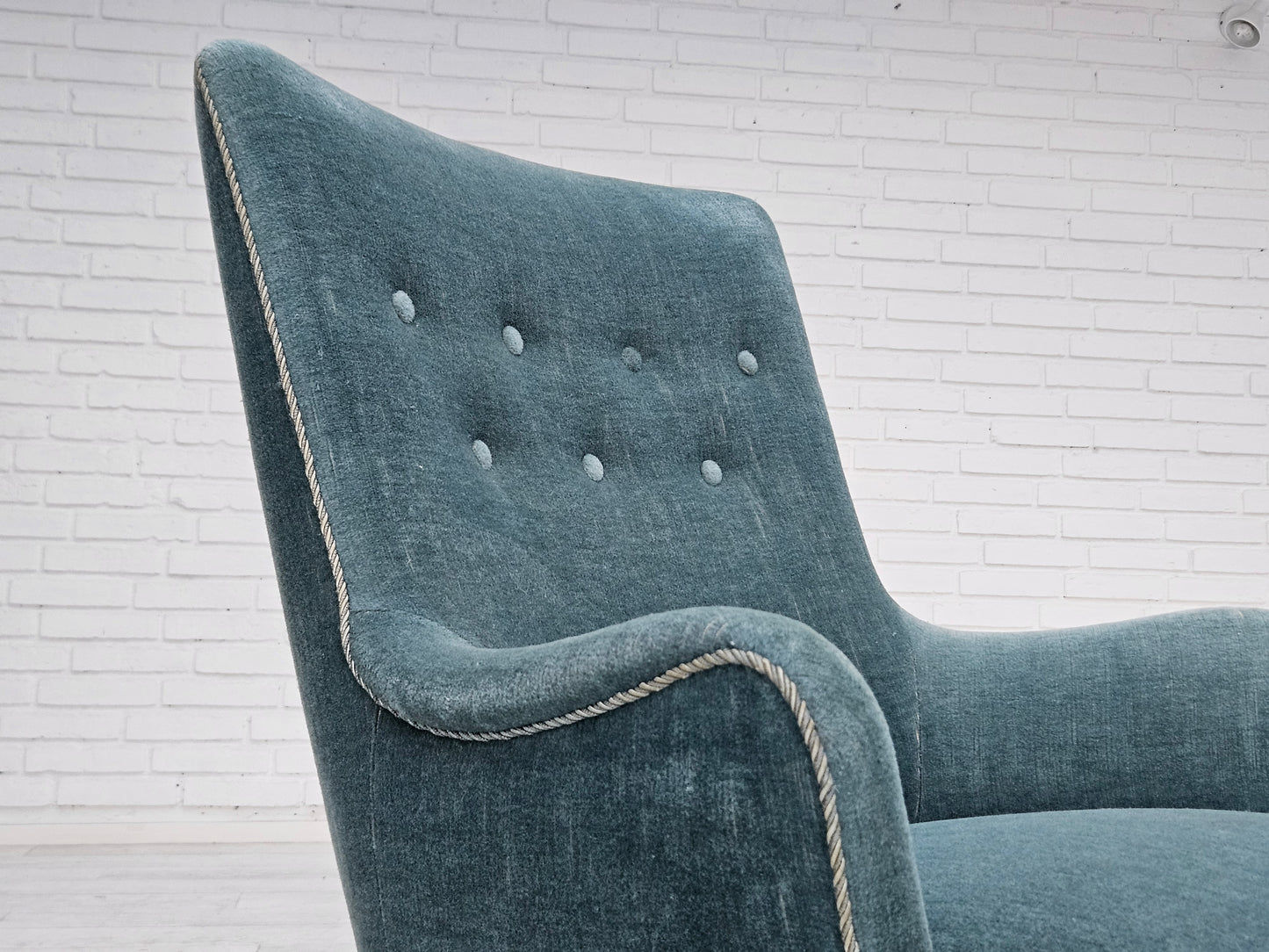 1960s, Danish armchair, original upholstery, light blue velour, good condition.