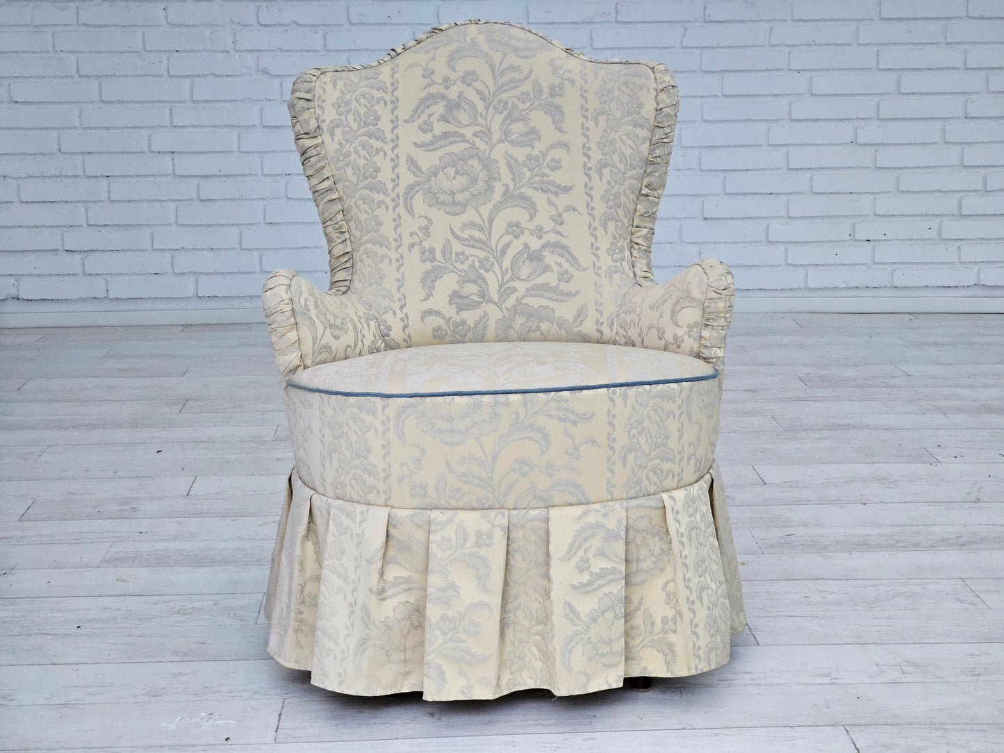 1950s, Danish armchair, reupholstered, creamy/white floral fabric.