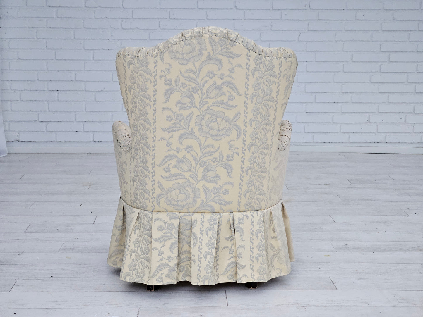 1950s, Danish armchair, reupholstered, creamy/white floral fabric.