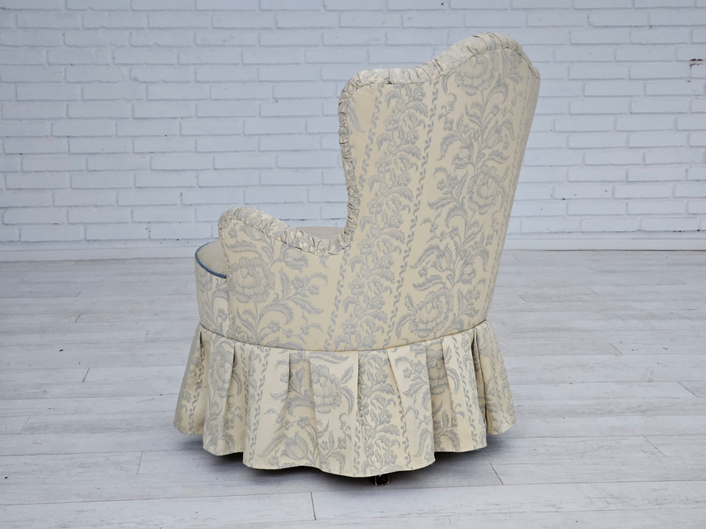 1950s, Danish armchair, reupholstered, creamy/white floral fabric.