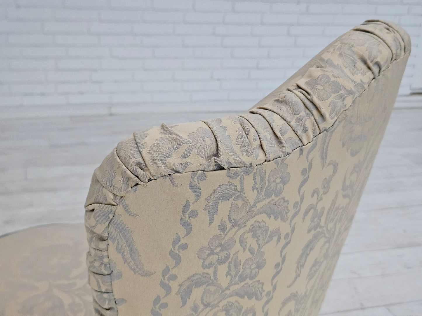 1950s, Danish armchair, reupholstered, creamy/white floral fabric.