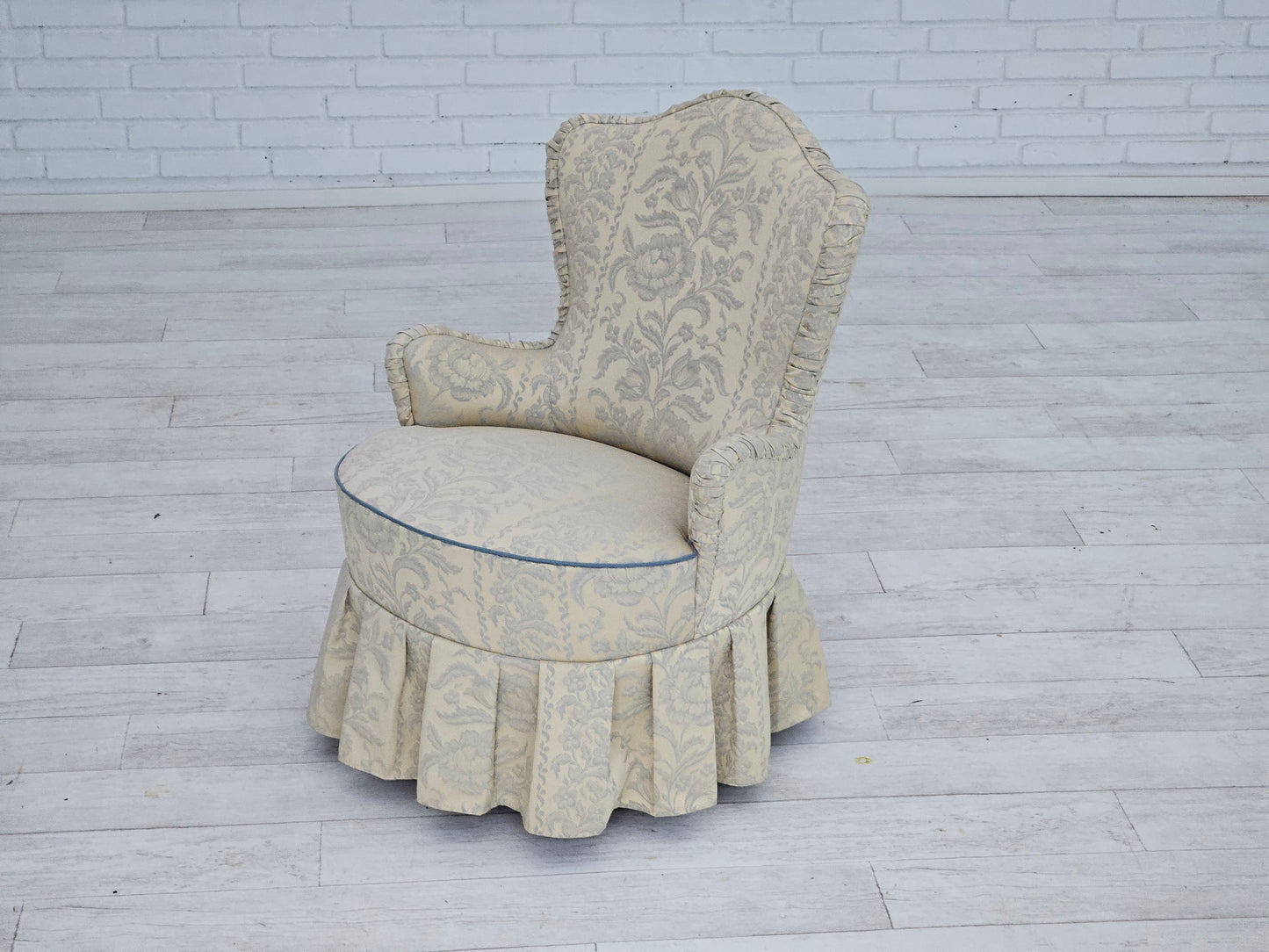 1950s, Danish armchair, reupholstered, creamy/white floral fabric.