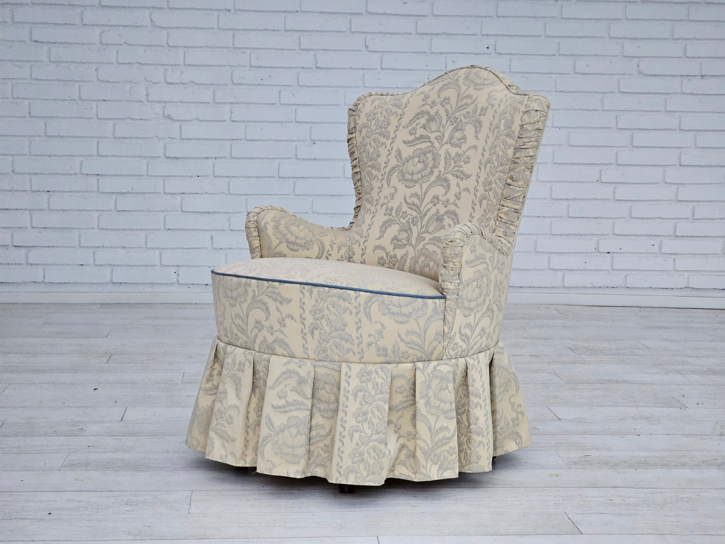 1950s, Danish armchair, reupholstered, creamy/white floral fabric.