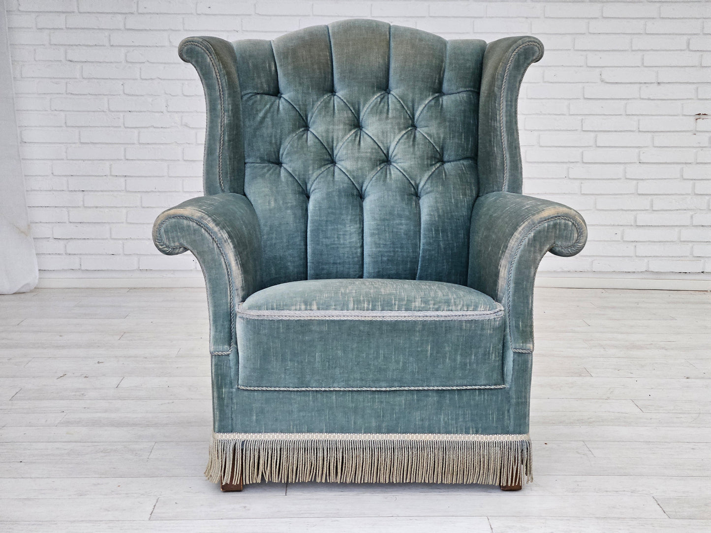 1960s, Danish wingback armchair, light blue velour, original good condition.