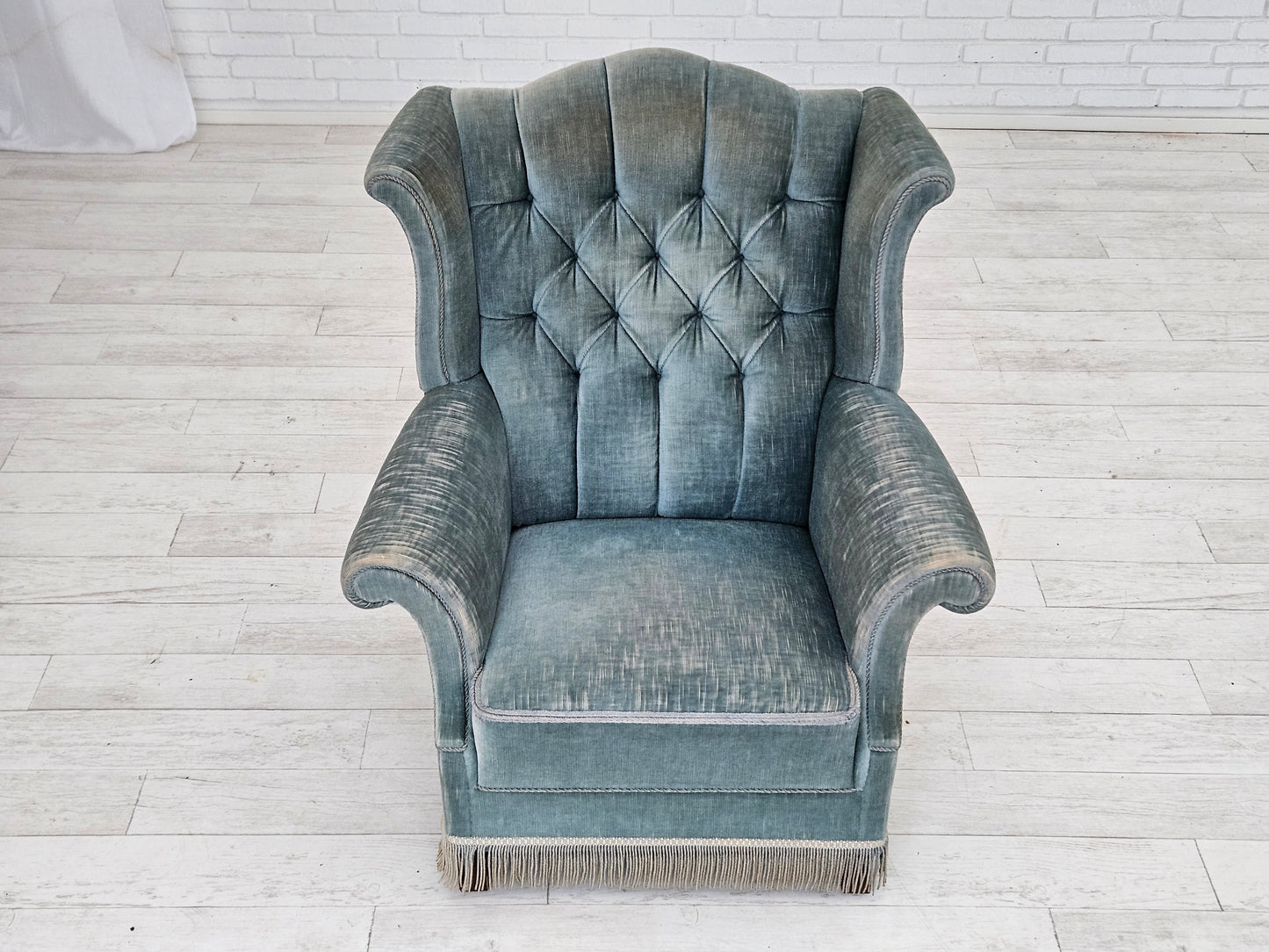 1960s, Danish wingback armchair, light blue velour, original good condition.