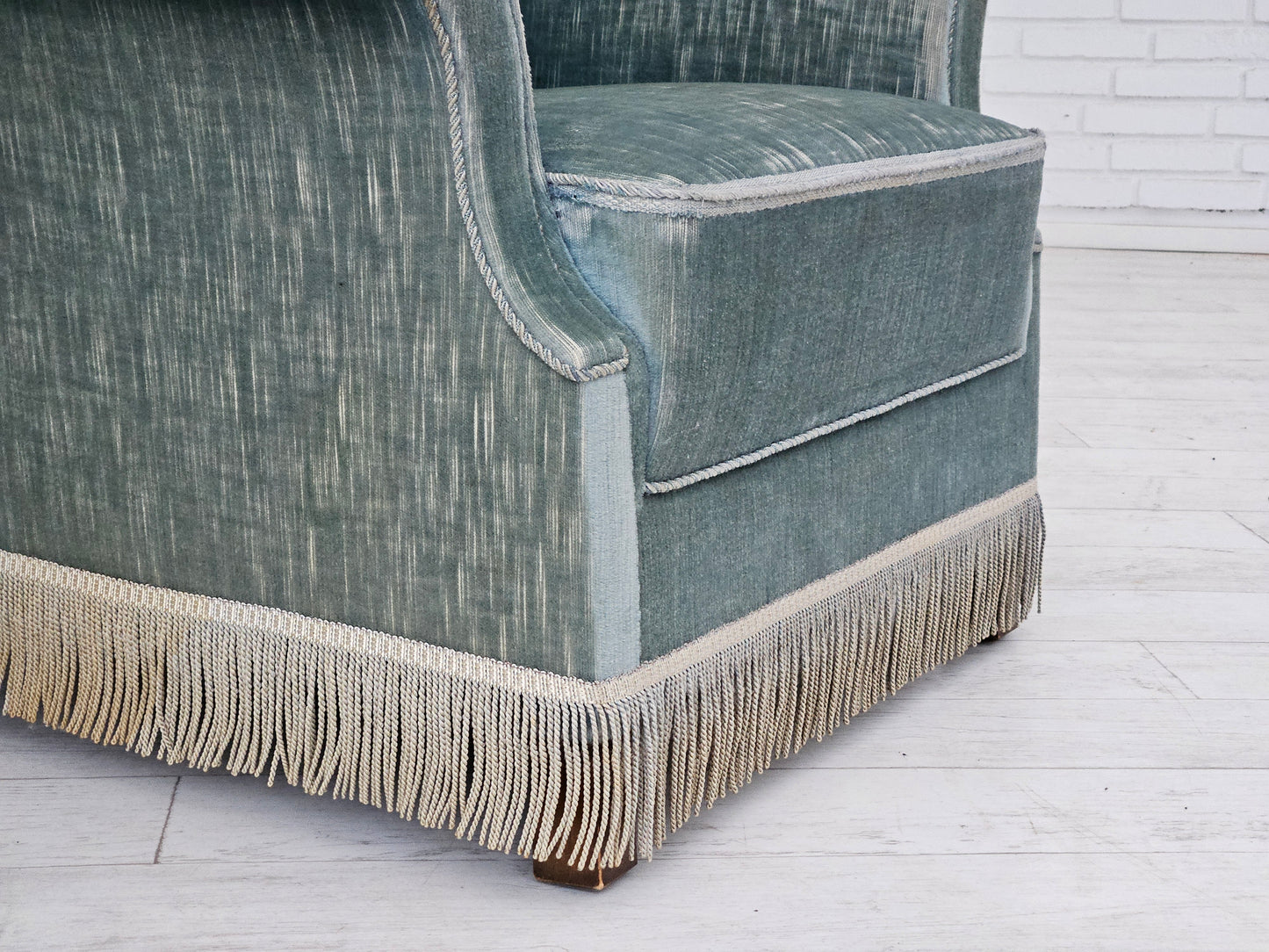 1960s, Danish wingback armchair, light blue velour, original good condition.