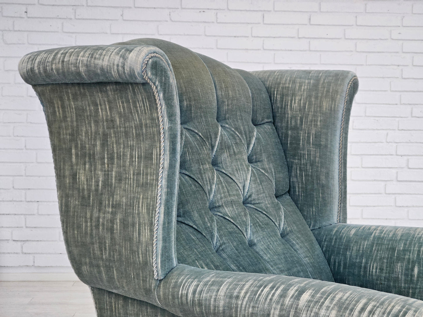 1960s, Danish wingback armchair, light blue velour, original good condition.