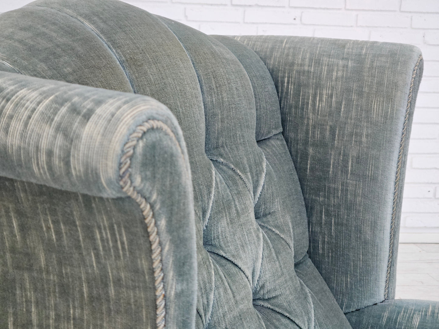 1960s, Danish wingback armchair, light blue velour, original good condition.