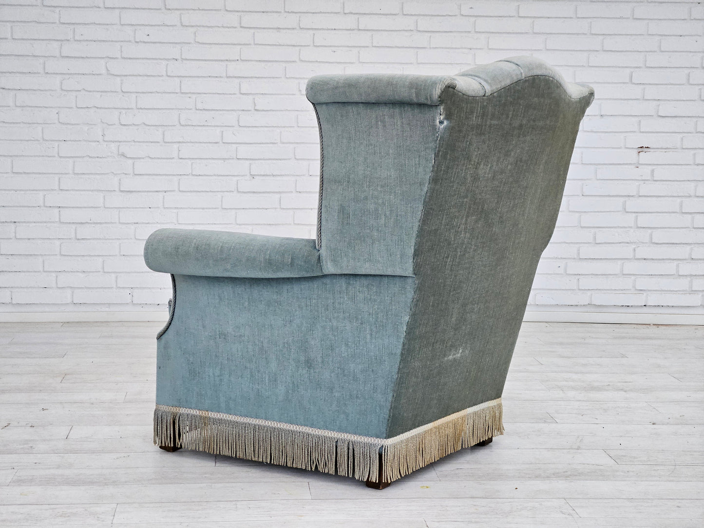 1960s, Danish wingback armchair, light blue velour, original good condition.