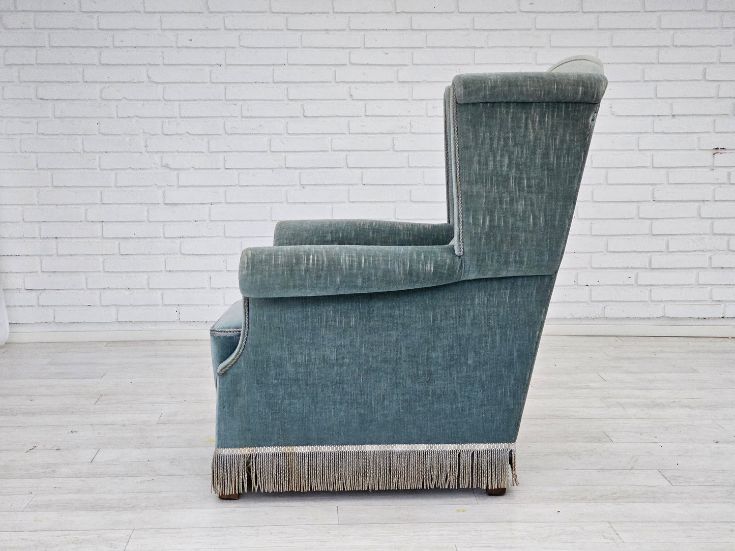 1960s, Danish wingback armchair, light blue velour, original good condition.