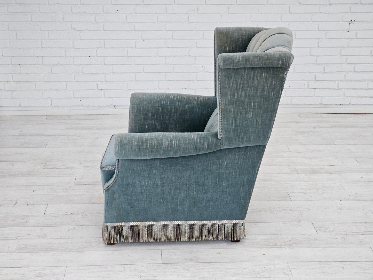 1960s, Danish wingback armchair, light blue velour, original good condition.