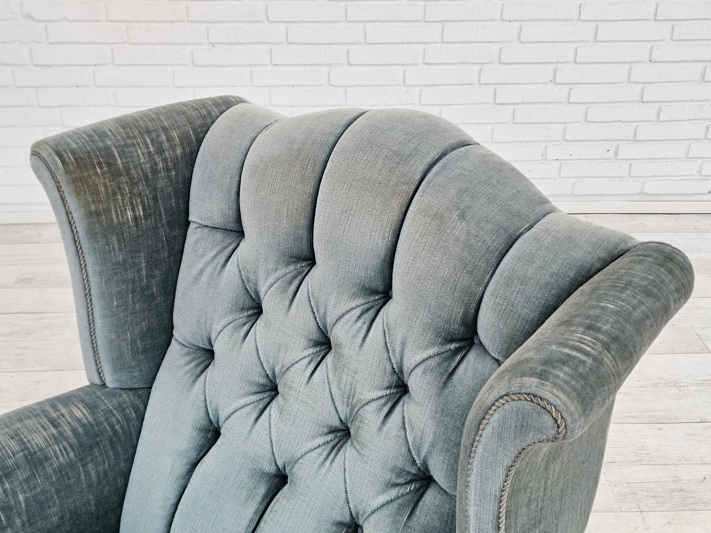 1960s, Danish wingback armchair, light blue velour, original good condition.