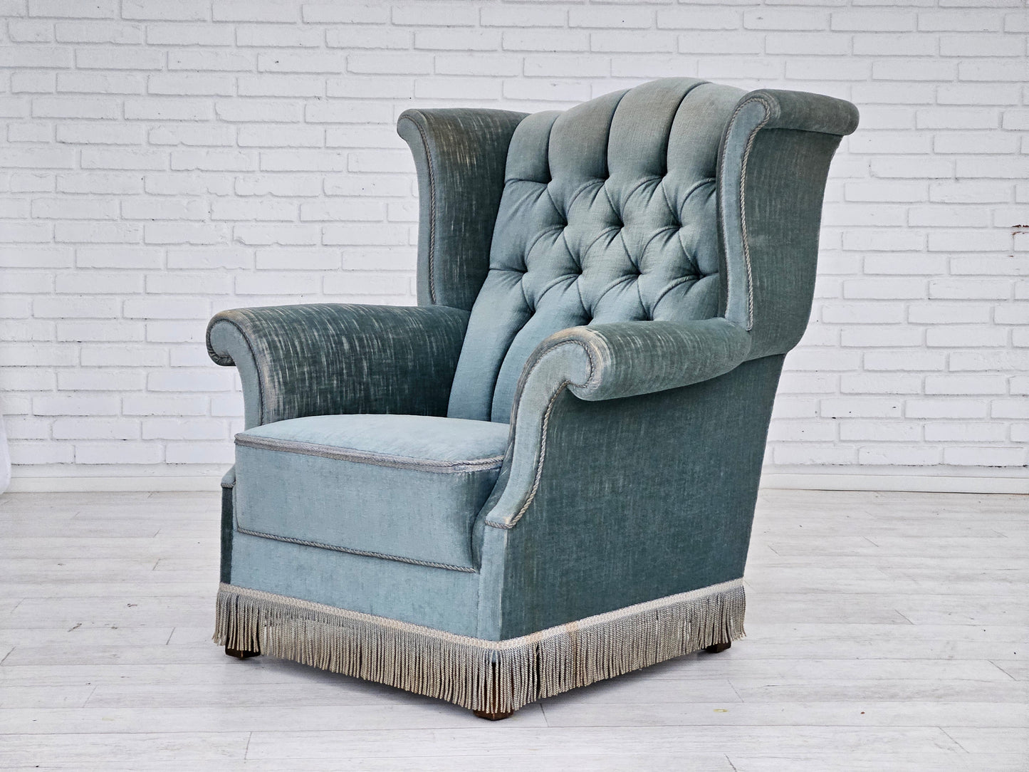 1960s, Danish wingback armchair, light blue velour, original good condition.