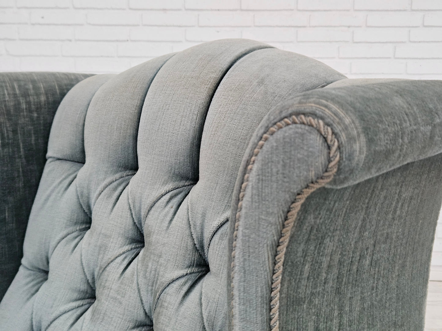 1960s, Danish wingback armchair, light blue velour, original good condition.