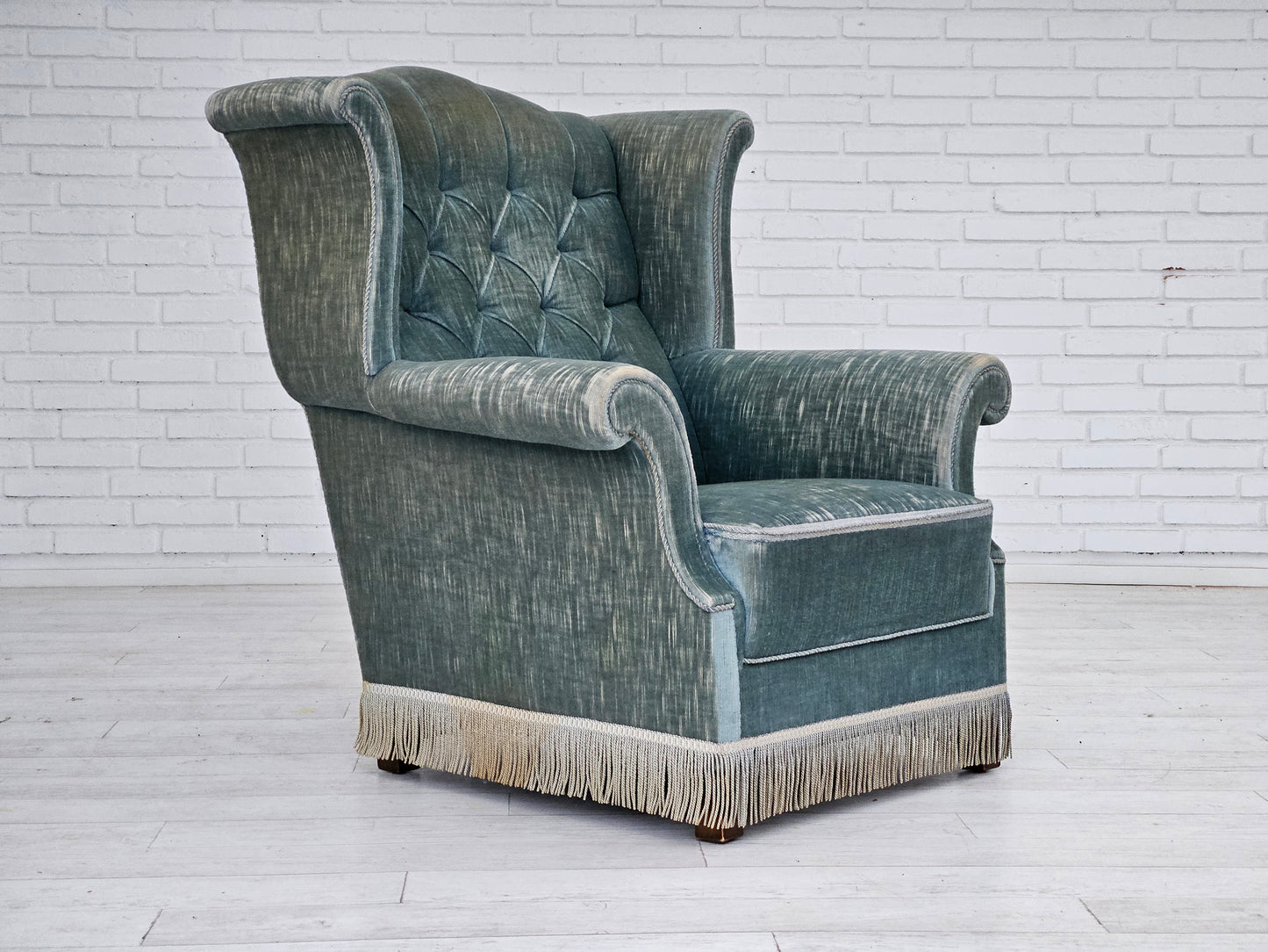 1960s, Danish wingback armchair, light blue velour, original good condition.