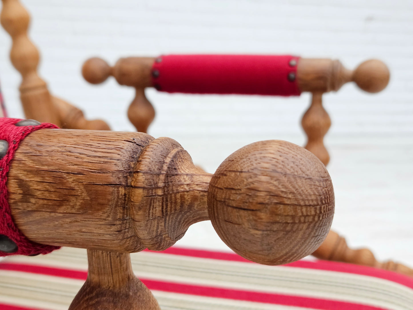 1970s, Danish highback rocking chair, oak wood, furniture wool, original condition.