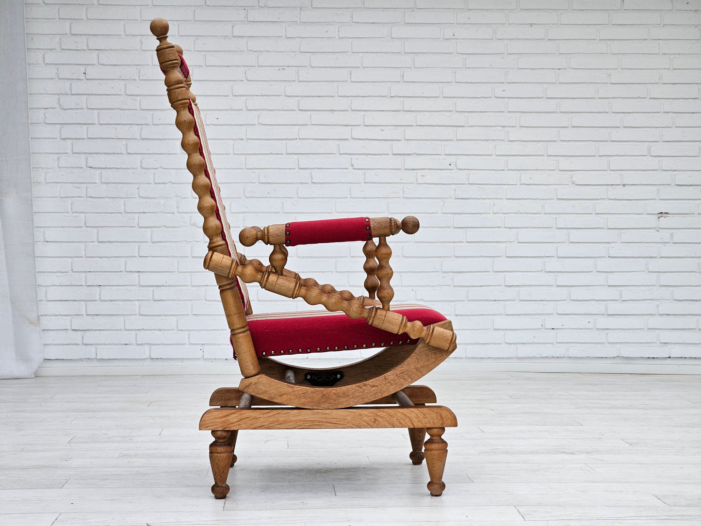 1970s, Danish highback rocking chair, oak wood, furniture wool, original condition.