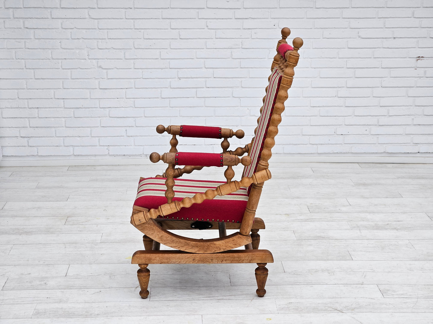 1970s, Danish highback rocking chair, oak wood, furniture wool, original condition.