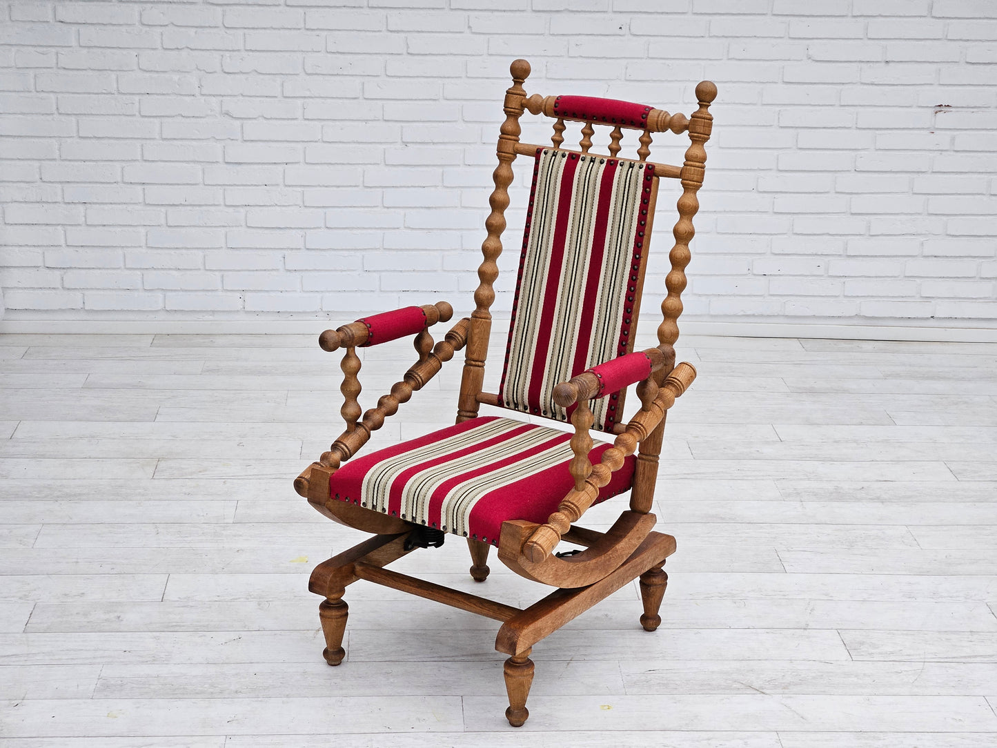 1970s, Danish highback rocking chair, oak wood, furniture wool, original condition.