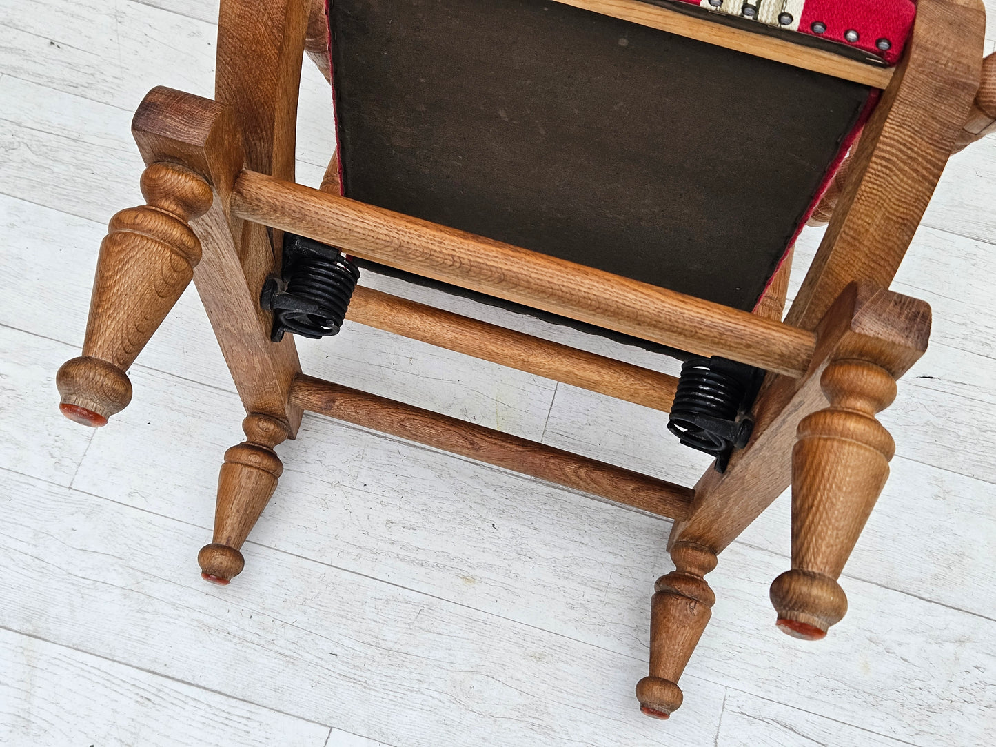 1970s, Danish highback rocking chair, oak wood, furniture wool, original condition.