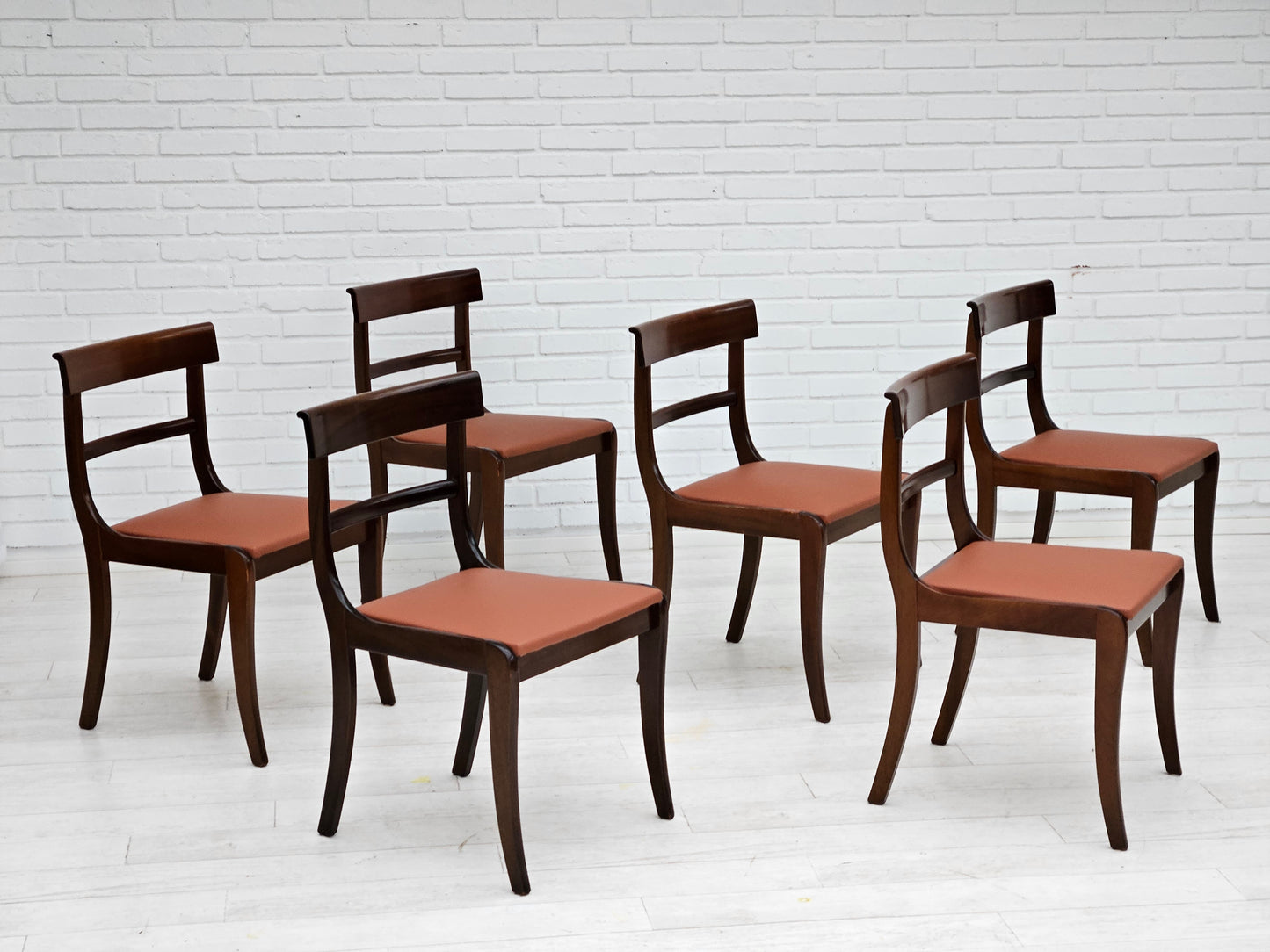 1970s, reupholstered set of 6 pcs Danish dining chairs, teak wood, leather.