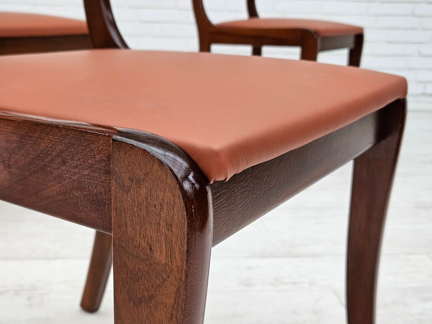 1970s, reupholstered set of 6 pcs Danish dining chairs, teak wood, leather.