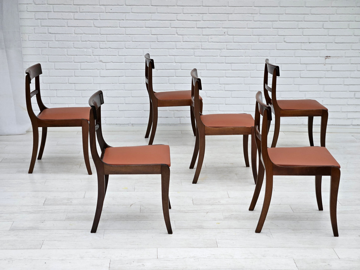 1970s, reupholstered set of 6 pcs Danish dining chairs, teak wood, leather.