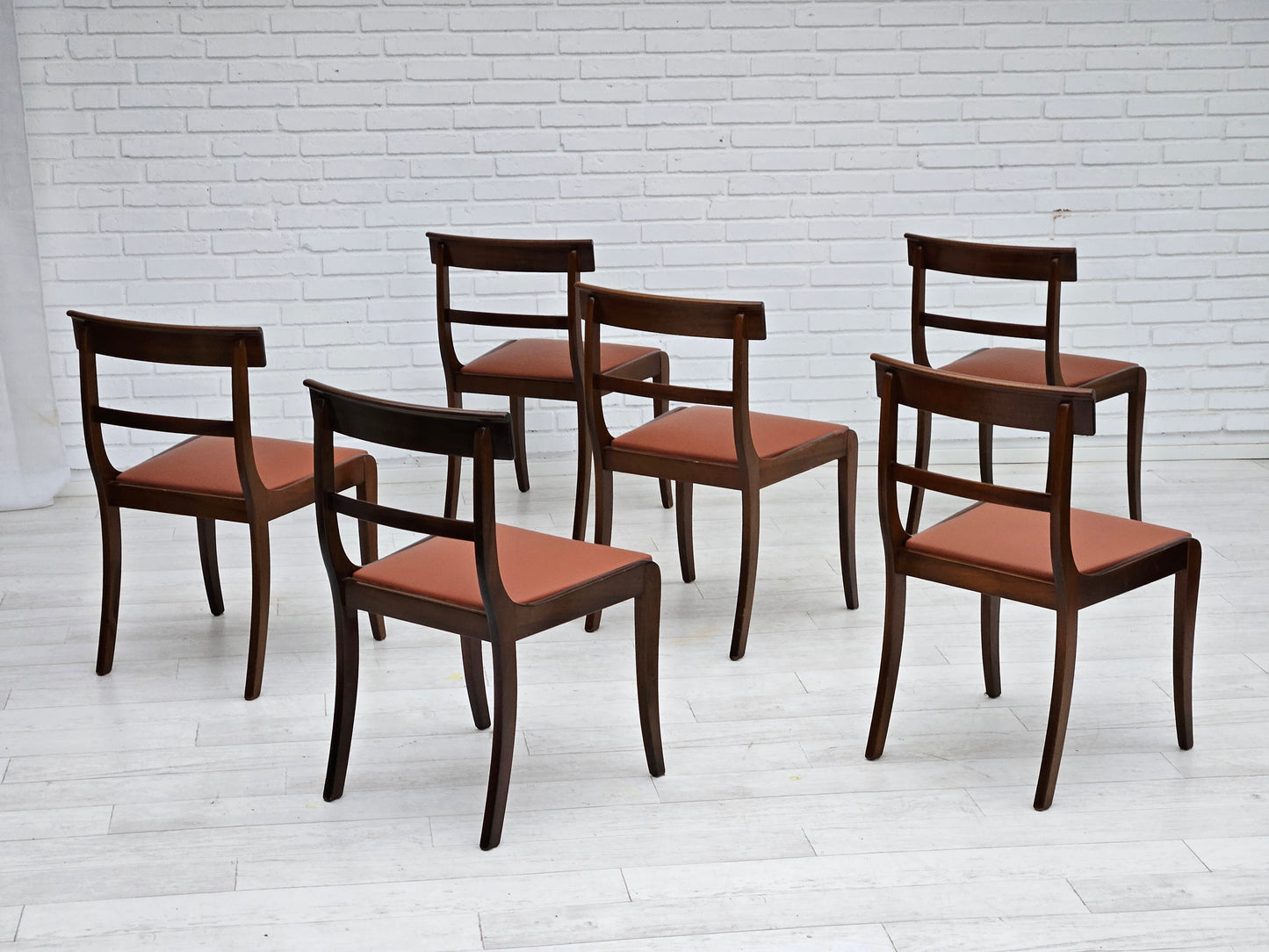 1970s, reupholstered set of 6 pcs Danish dining chairs, teak wood, leather.