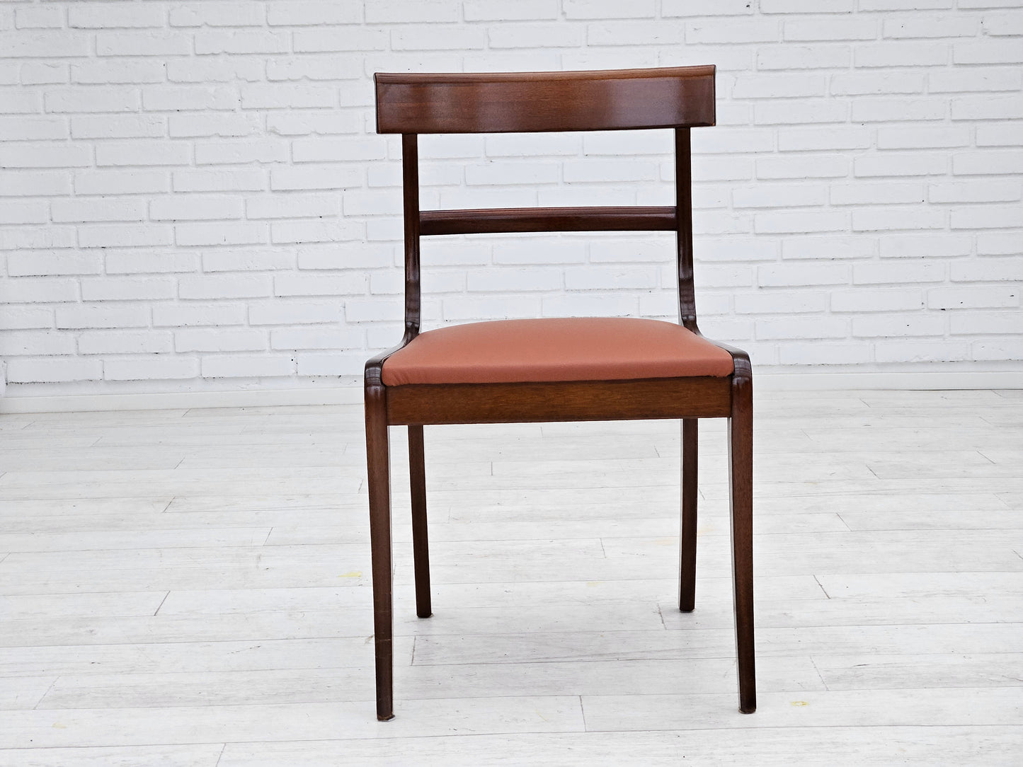 1970s, reupholstered set of 6 pcs Danish dining chairs, teak wood, leather.