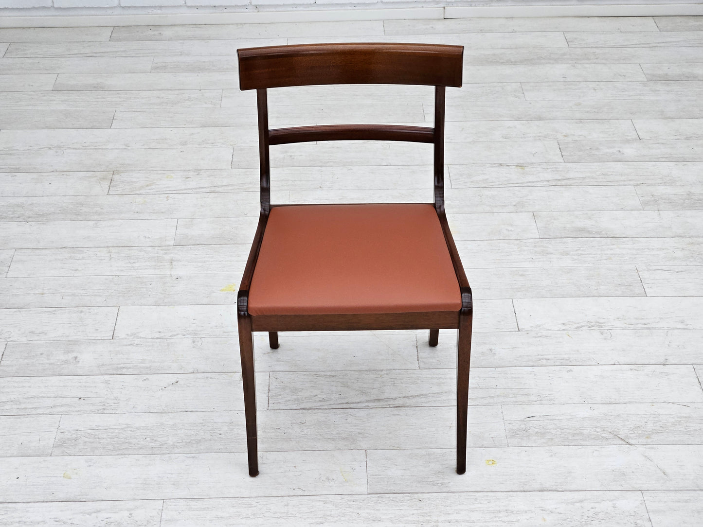 1970s, reupholstered set of 6 pcs Danish dining chairs, teak wood, leather.