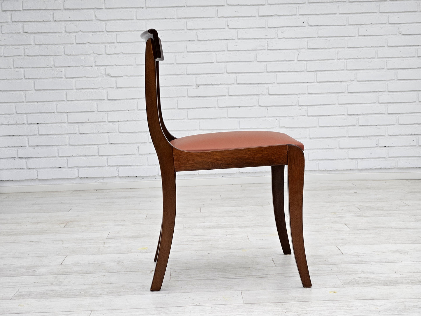 1970s, reupholstered set of 6 pcs Danish dining chairs, teak wood, leather.