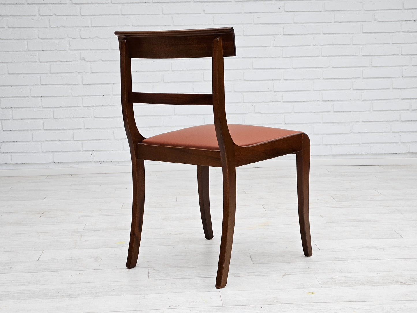 1970s, reupholstered set of 6 pcs Danish dining chairs, teak wood, leather.