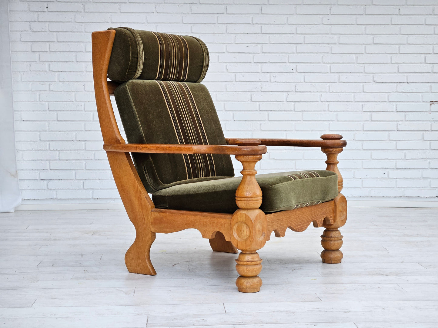 1970s, Danish highback armchair, original condition, velour, solid oak wood.