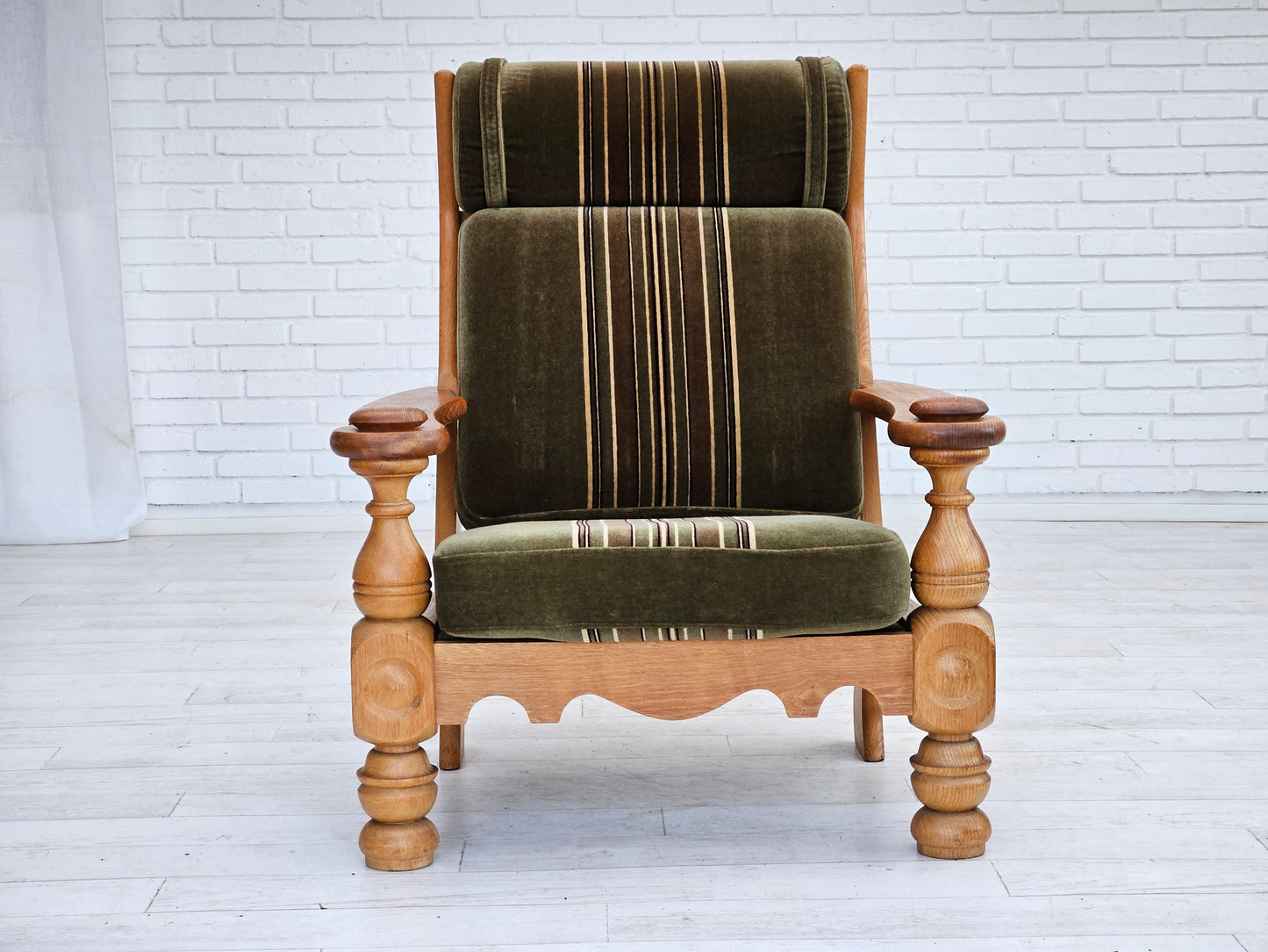 1970s, Danish highback armchair, original condition, velour, solid oak wood.