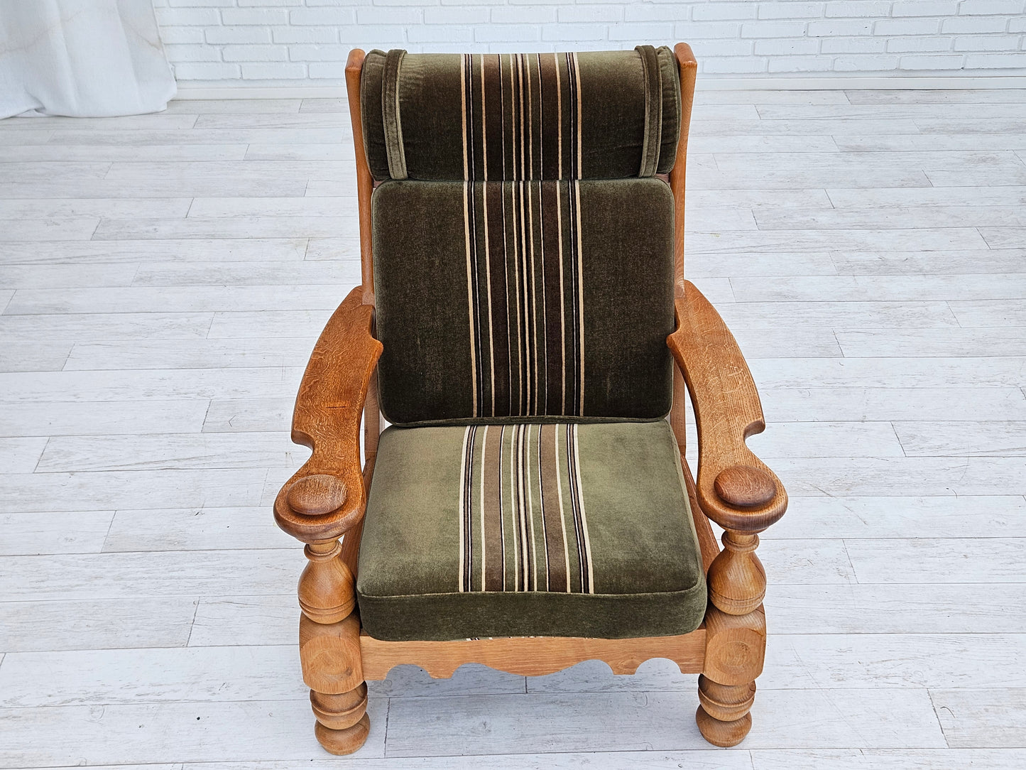 1970s, Danish highback armchair, original condition, velour, solid oak wood.