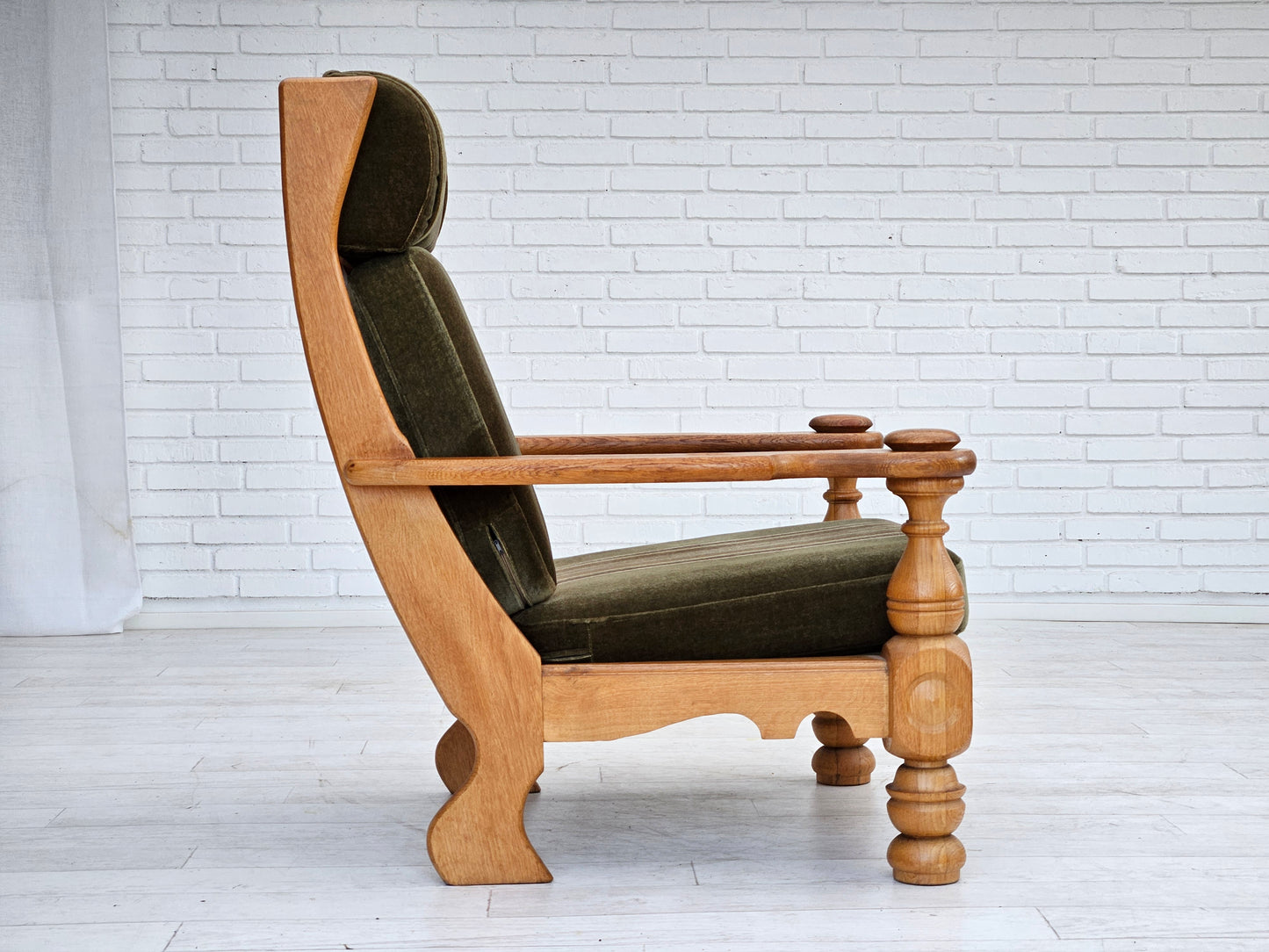 1970s, Danish highback armchair, original condition, velour, solid oak wood.