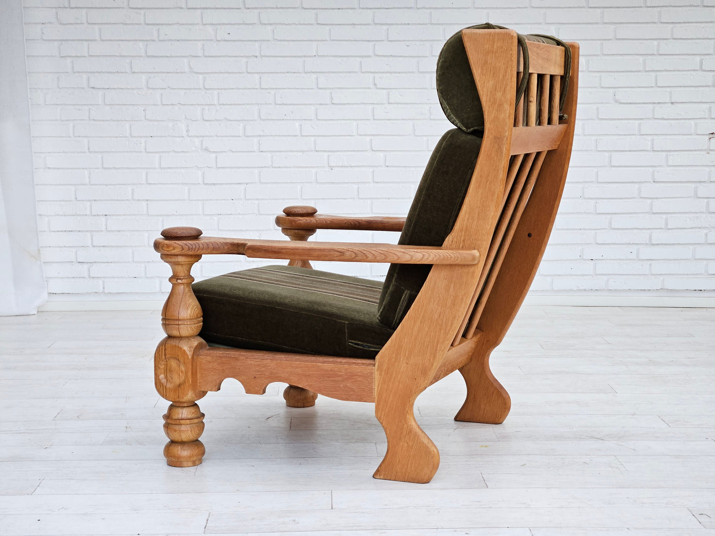 1970s, Danish highback armchair, original condition, velour, solid oak wood.