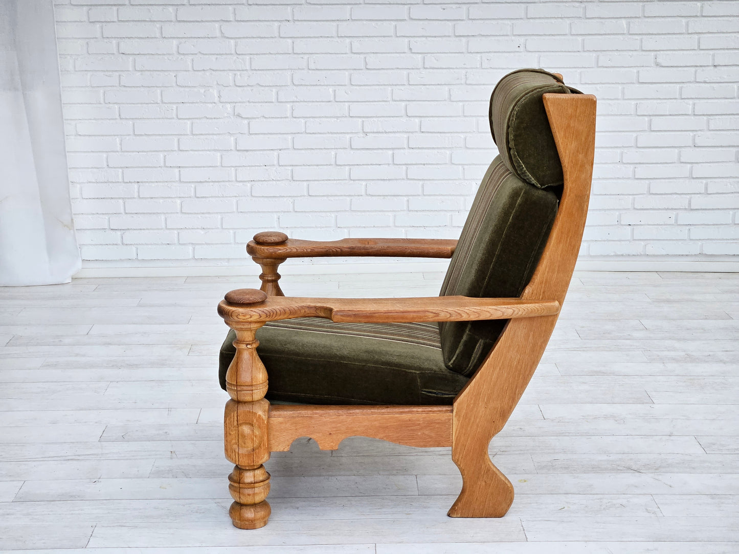 1970s, Danish highback armchair, original condition, velour, solid oak wood.