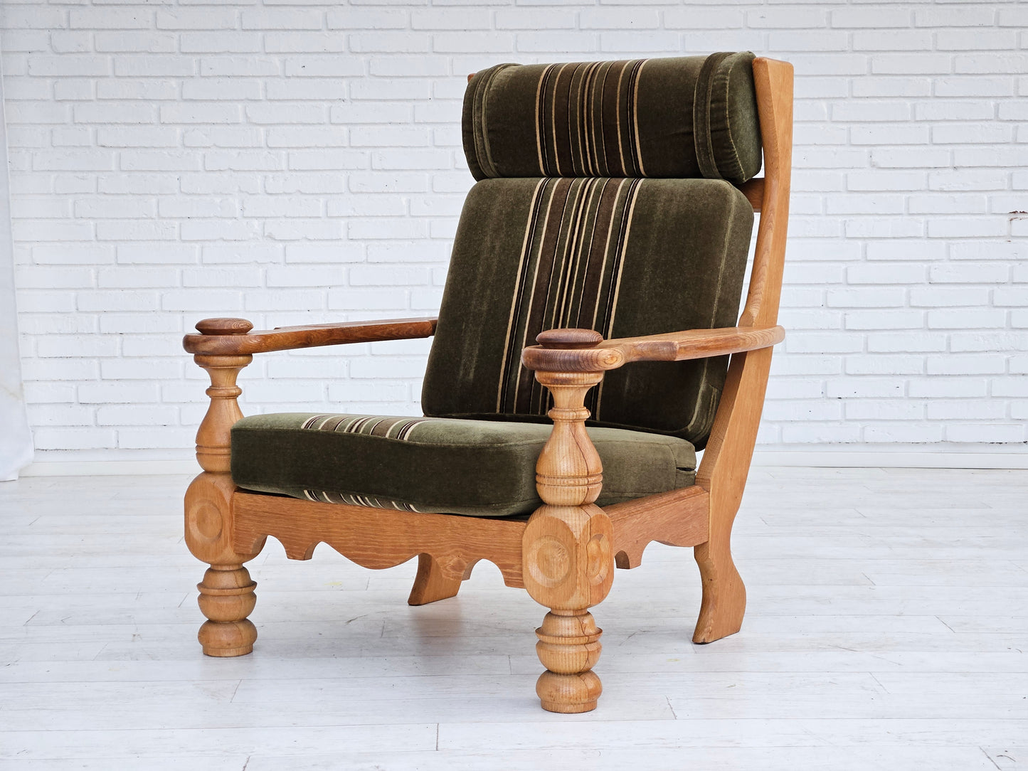 1970s, Danish highback armchair, original condition, velour, solid oak wood.